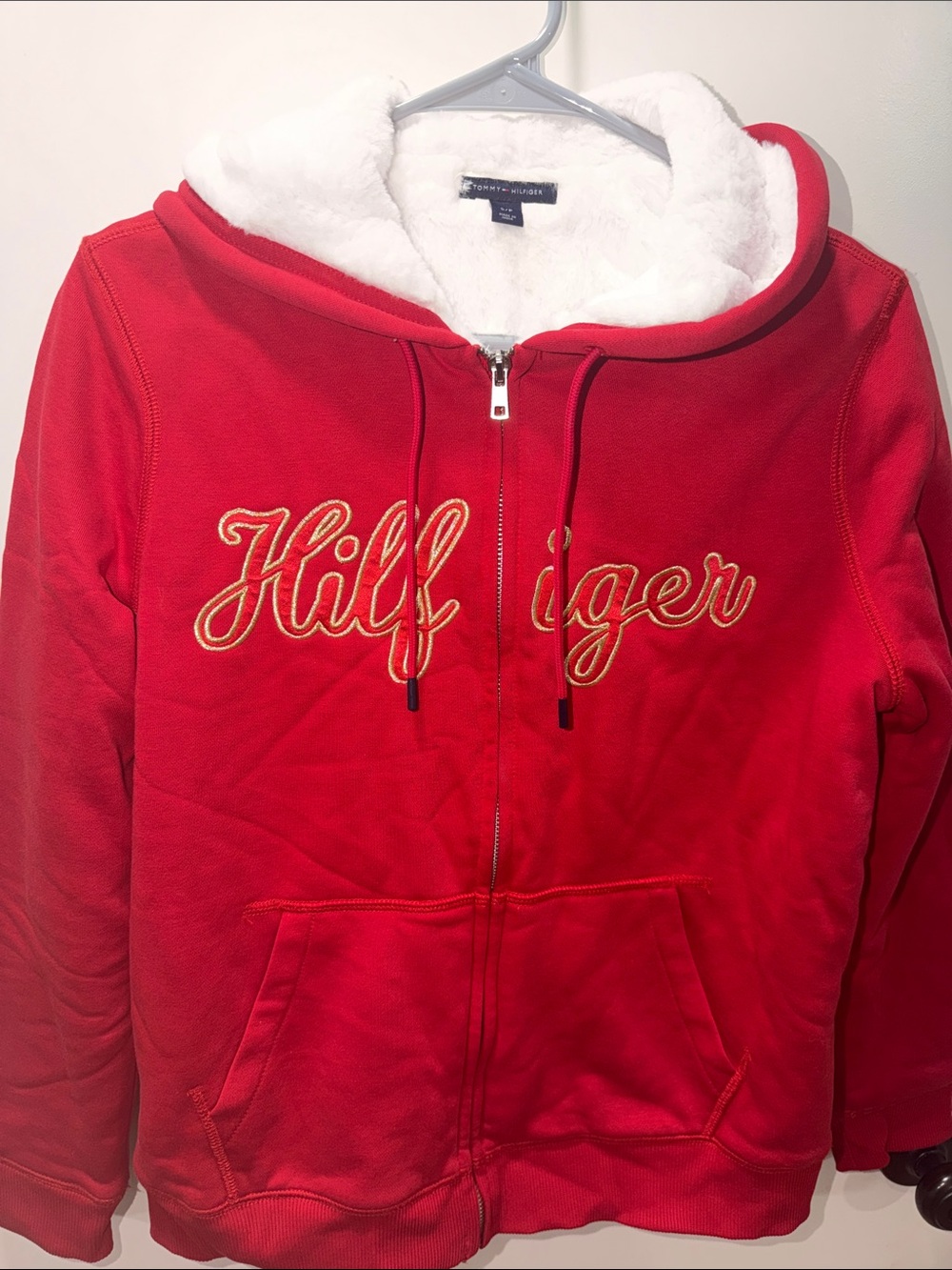 Tommy Hilfiger Red Zip Hoodie with Gold Script Logo and White Faux-Fur Hood